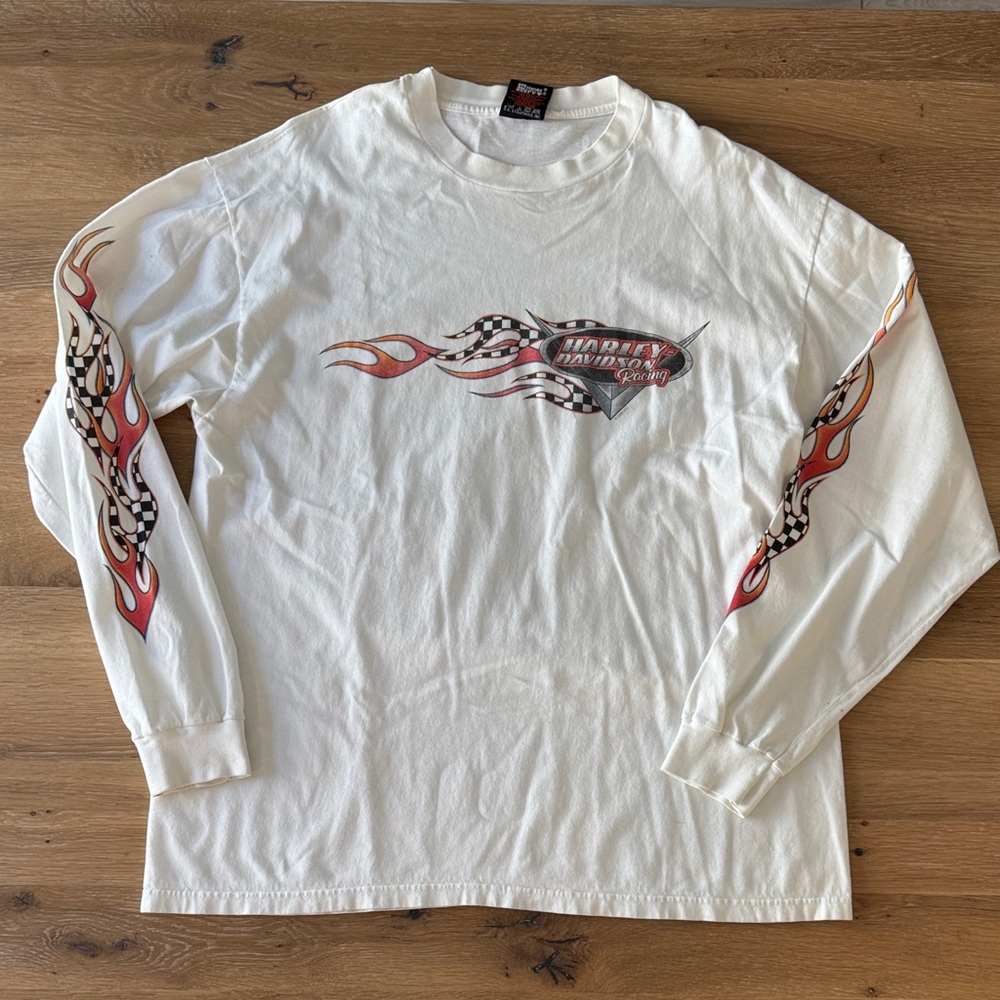 Harley-Davidson White Long Sleeve with Red Flame Design